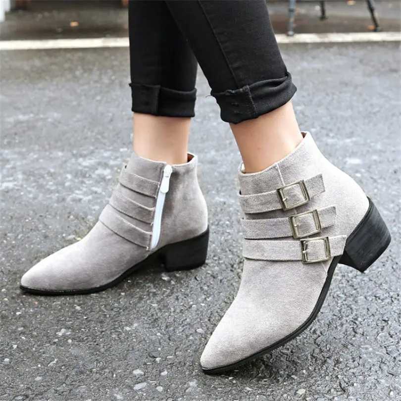 

NAYIDUYUN Women Chunky Med Heels England Riding Boots Winter Warm Pointed Toe Party Western Pumps Shoes Buckle Casual Shoes