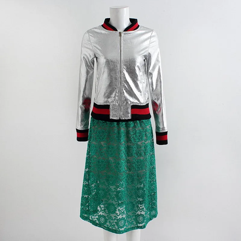 Качественную Весна Осенняя куртка Для женщин равномерное серебро PU Курточка бомбер пальто с зеленым Кружево юбка комплект из двух предметов костюм Для женщин