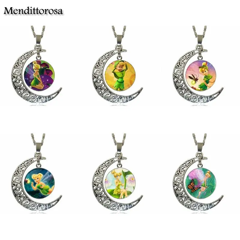 

EJ Glaze Cute TinkerBell For Girls Gifts Silver Color Glass Cabochon With Hollow Out Moon Shaped Pendant Choker Necklace