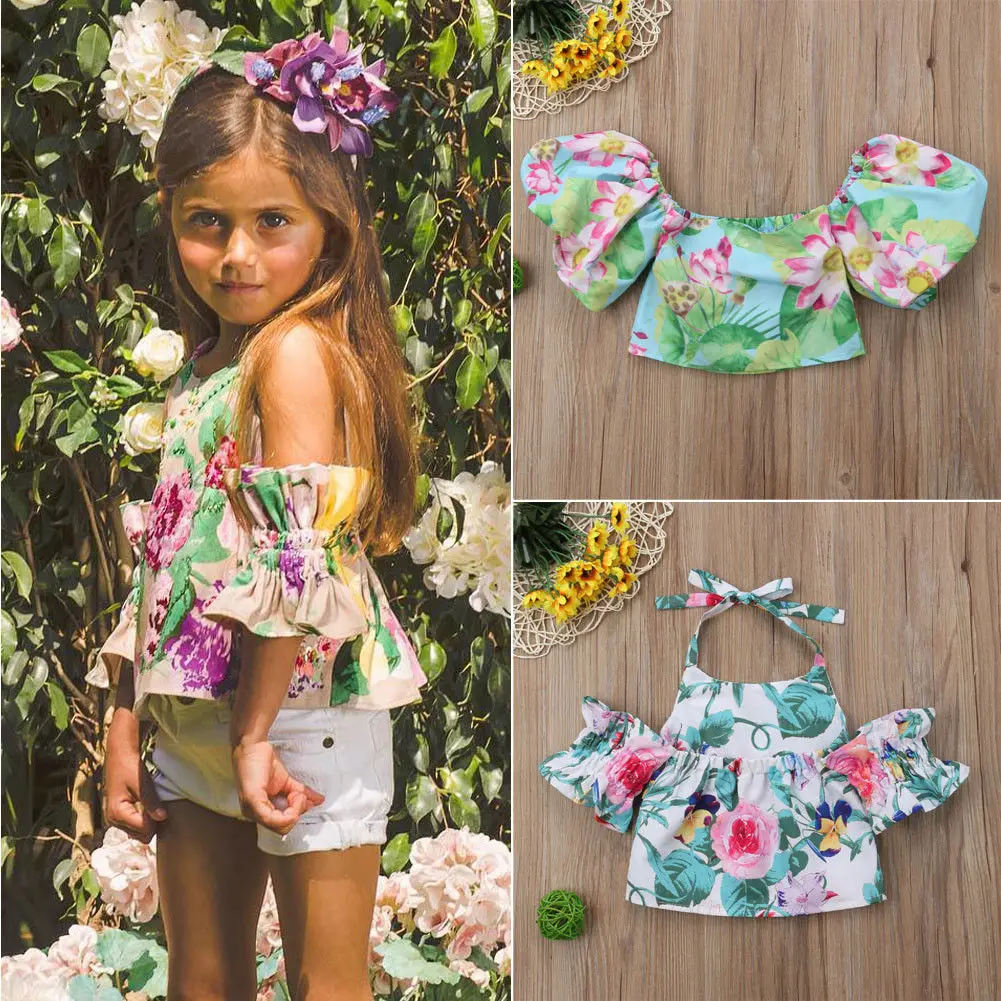 

2019 Floral Infant Toddler Baby Kid Girl Off Shoulder Top Flower T-shirt Summer Fashion Blouse 1-6Y