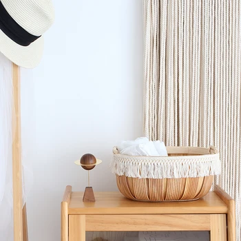 

Ship Type Tassels Accept Basket Wood Weave Handle Frame Residential Soft Clothes Prop Towel Accept Basket Back Mujia