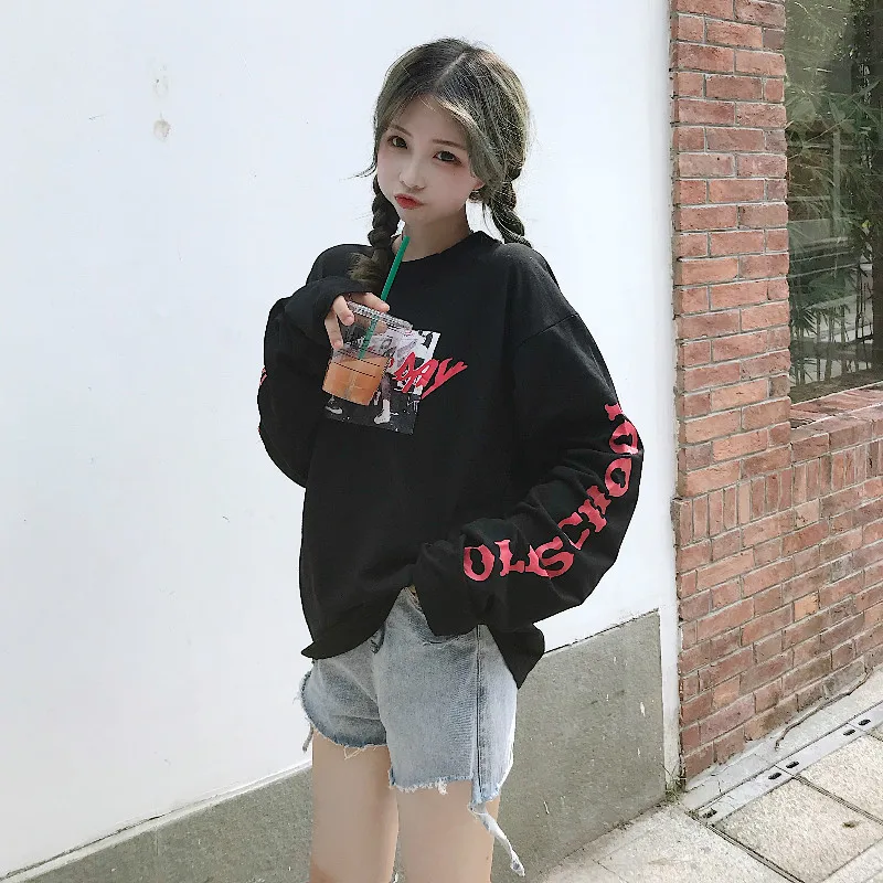 Весна Для женщин кофты Винтаж Harajuku Ulzzang свободные Письмо печати Толстовка