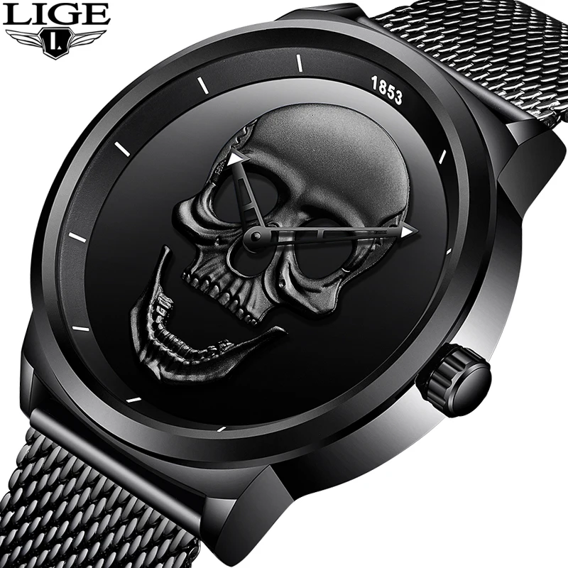 

2018LIGE Brand Cool punk style Pirate Skeleton Skull Quartz Mens Watches Mesh Steel sports Black Watch Men Relogio Masculino+Box