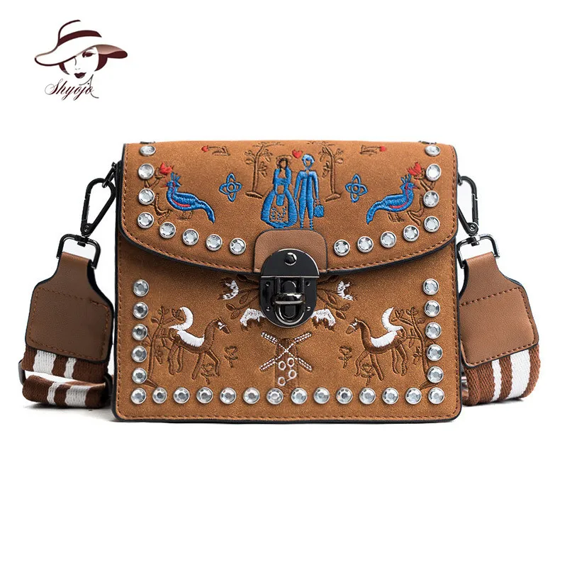 

Vintage Flower Embroidery Women Crossbody Bags Luxury Diamonds Leather Shoulder Bag Hasp Strap Button National Messenger Clutch