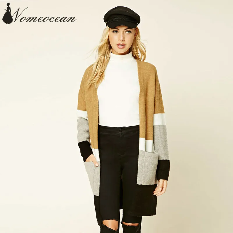Color Block Patchwork Women Cardigans Knitted Side Pockets