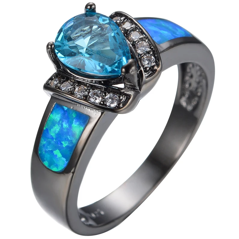 Blue Fire Opal Water Drops Engagement Ring Set,Genuine