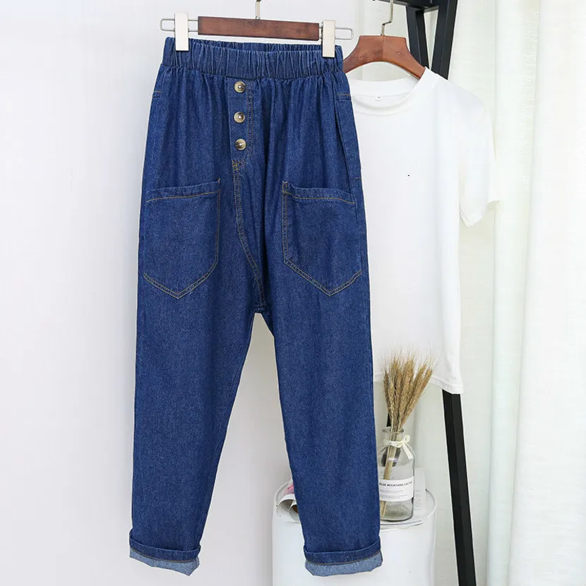 

Blue Jeans For Women High Waist Harem Mom Jeans Spring 2019 New Plus Size Button Loose Jeans Denim Pants