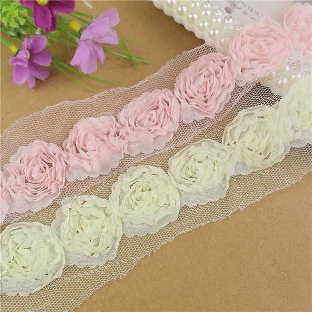 Shabby Chic Chiffon Flower Trim, pink and yellow 10 Yards 3 3.5CM Trim