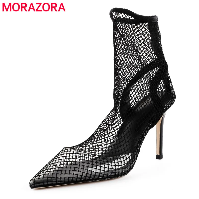

MORAZORA 2020 New high quality mesh cut outs summer boots pointed toe high heels sexy ankle boots for women Nightclub shoes