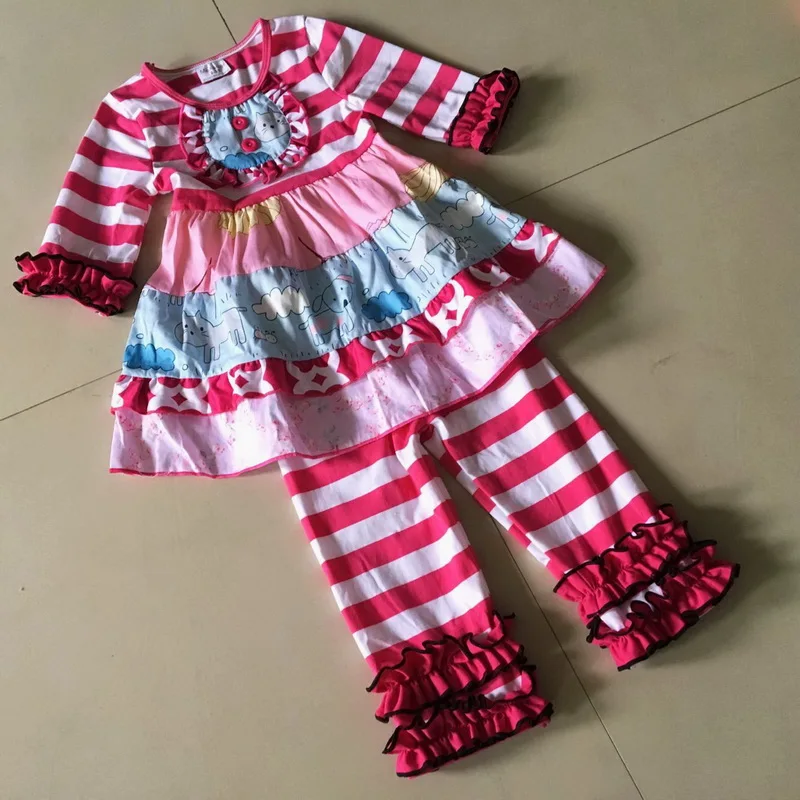 

Wide stripe cloth Flower print 3/4 sleeve style 100%cotton Summer and Bib of Baby Girls Dress Apparel Accessory for present