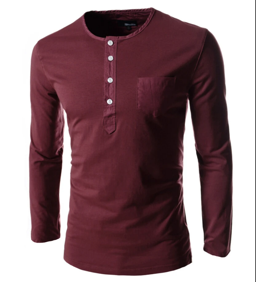 Mens Henley Shirt T-shirt Long Sleeve Cotton Pullover Comfy Button Solid Tops Autumn O Neck Button Comfort Men Clothing