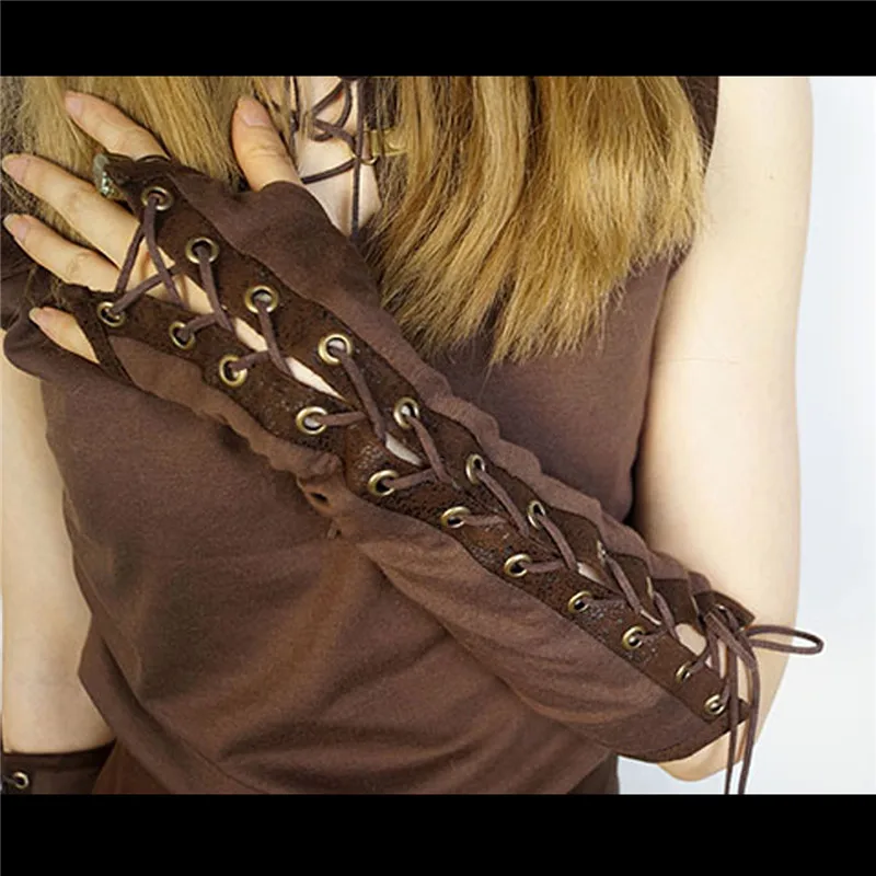 

1 Pair Long Retro Women's Steampunk Gloves Vintage Lolita Victorian Tie-Up Brown Mitten Armbands Cosplay Accessory with Rivets