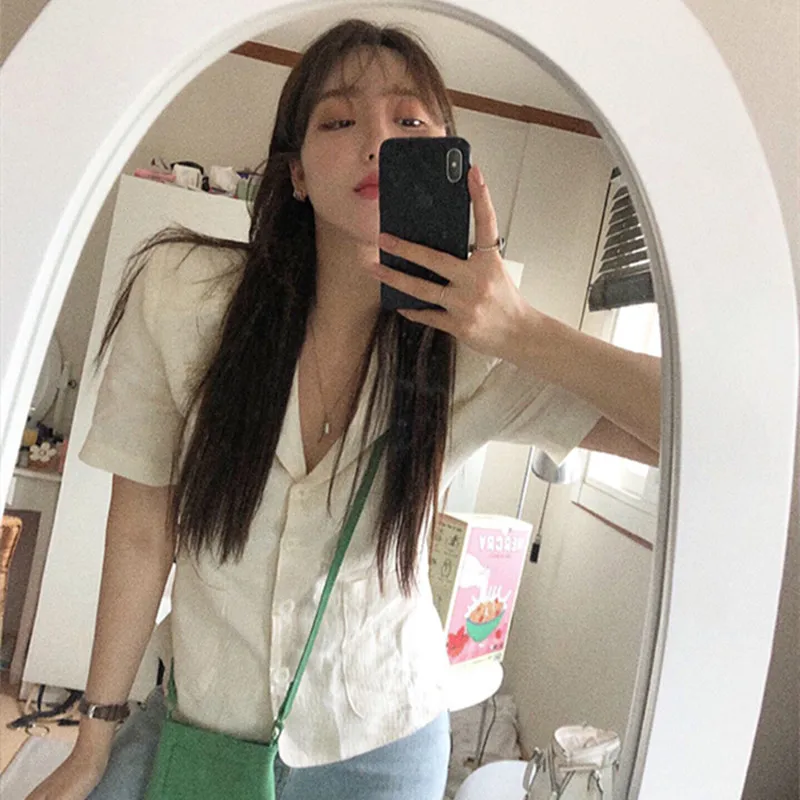 

Hzirip OL Blouses 2019 New Summer Tops Korean Style Women Suit Collar Solid Short Sleeve Office Wear White Shirt Camisas Mujer