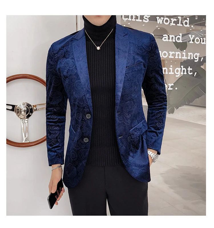 Синий мужской бархатный костюм мужской Костюмный пиджак Повседневное Бизнес цветочным узором роскошные стильные блейзеры для Для мужчин