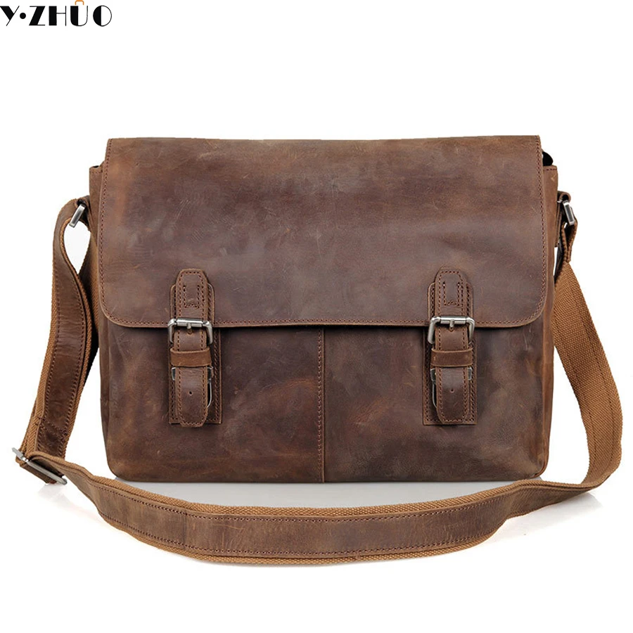 Man bag crazy horse leather shoulder Bag vintage genuine cowhide leather men messenger bags business crossbody male bags