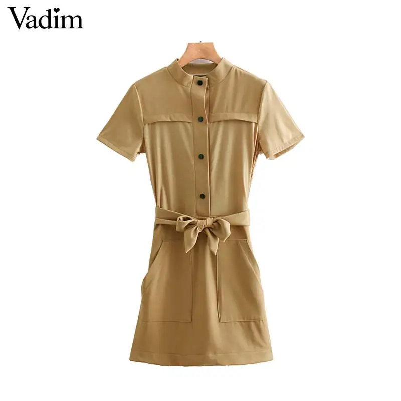 

Vadim women elegant bow tie sashes mini dress short sleeve turn down collar casual chic solid stylish dresses vestidos QB552