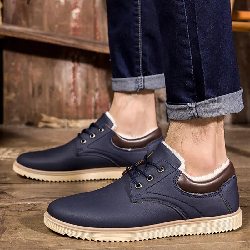 

Winter Men Shoes Casual Leather Fashion Black Blue Brown Warm Plush Lace-up Flat Shoes For Men Sneakers