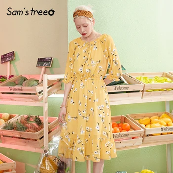 

Sam's Tree Women Summer Dresses Maxi 2019 Yellow Long Sleeve Female Floral Prints Beach Dress Plus Size Sleeve Long Vestidos