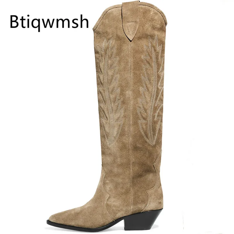 

2019 Suede Knee High Boots Women Pointed Toe Flower Embroidery Low Heel Boots Woman Fashion Cowboy Boots