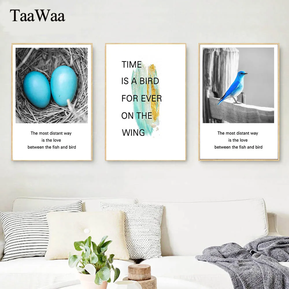 

TaaWaa Black and white Canvas Poster Blue Bird Birdhouse Prints Painting Abstract Decorative Wall Art Pictures Home Room Decor