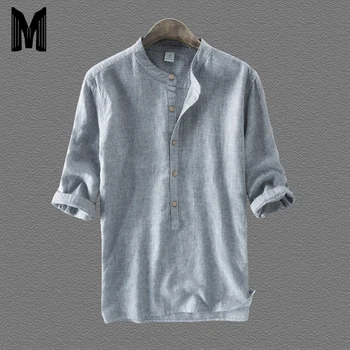 

2019 Summer Mens Pullover Shirts Cotton Linen Shorts Sleeve Striped Slim Fit Mandarin Collar Tops Brand Clothing Y1701