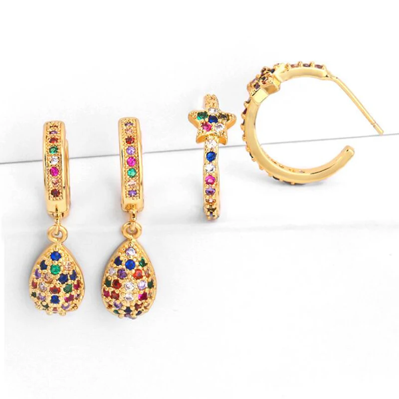 

Star Hoop Earrings Mini Small Water Drop Pendant Colors Zircon Earring Trendy Fashion Jewelry Luxury Gold Color Aretes MZ017