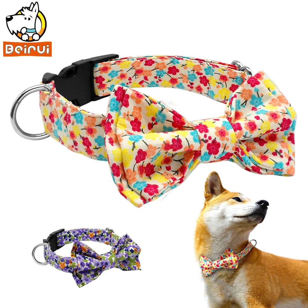 Bow Tie Dog Collar Pet Cat Bownot Printed Floral Cotton Collars with Adjustable Buckle for Medium Large Dogs Cats Easy Take Off