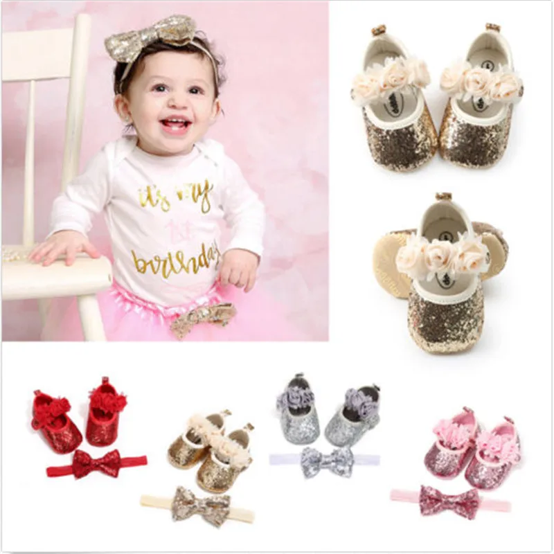 2 шт.; обувь для маленьких девочек; головной убор; блестящая обувь из искусственной кожи с пайетками и бантом; обувь для новорожденных девочек; детская кроватка; повязка на голову; 0-18 месяцев