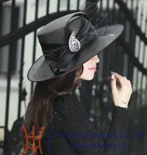 Free Shipping Newly Designed Satin Dress Hat Women Winter Dress Hats Church Hat Big Brim Up Brim Bow