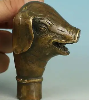 

WBY817 Chinese Old Bronze Hand Carved Pig Statue Walking Stick Head Collectible