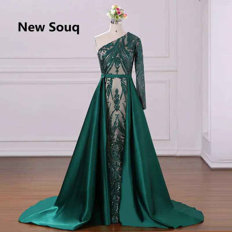 

Hunter Green Mermaid Evening Dresses With Detachable Skirt One Shoulder Long Sleeves Prom Dress Muslim Saudi Arabic Dress