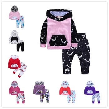 

2018 new Spring and Autumn Baby clothing girls sets 100% cotton newborn patchwork pattern print fashion hooded sweater 2pcs sets