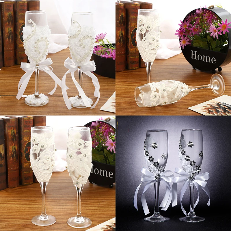 

2pcs Set Wedding Glass Creative Pearl Flower Crystal Wedding Champagne Glasses Toasting Goblet Red Wine Glass Wedding Decoration
