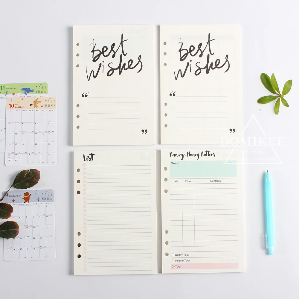New cute 6 hole binder spiral notebooks replacement inner paper core stationery:4 kinds:monthly weekly planner,list,account A5A6