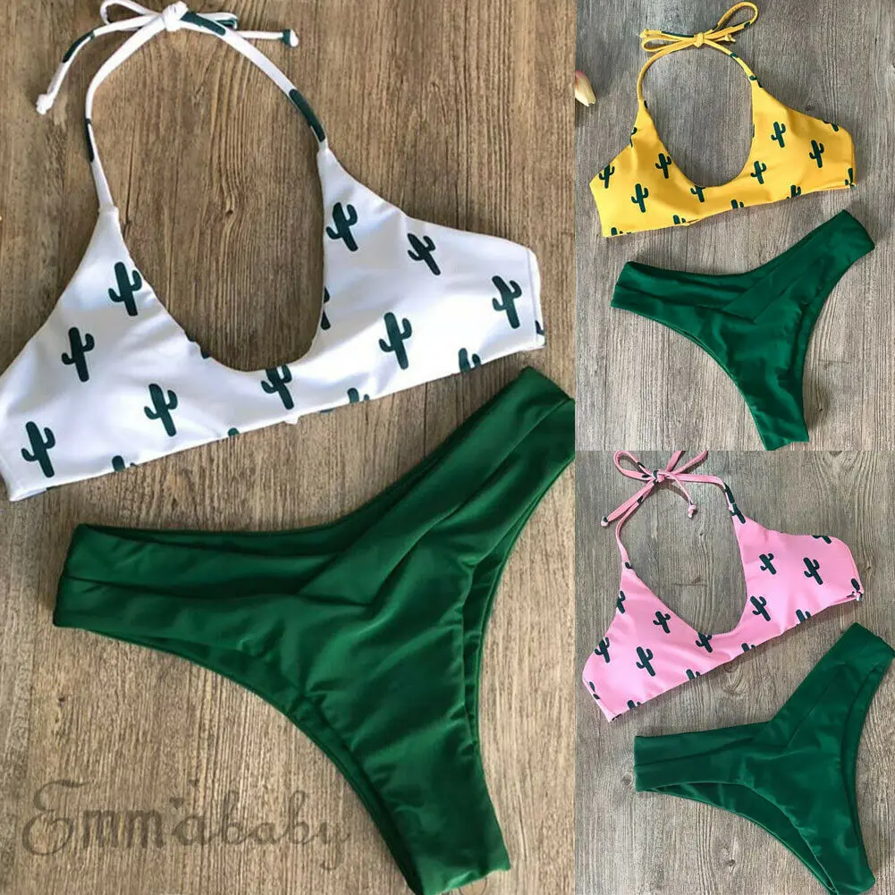 

Summer Women Halter Neck Cactus Print Push Up Bikini Set Bra Padded Swimwear Bandage Lady Swimsuit Bathing Suit
