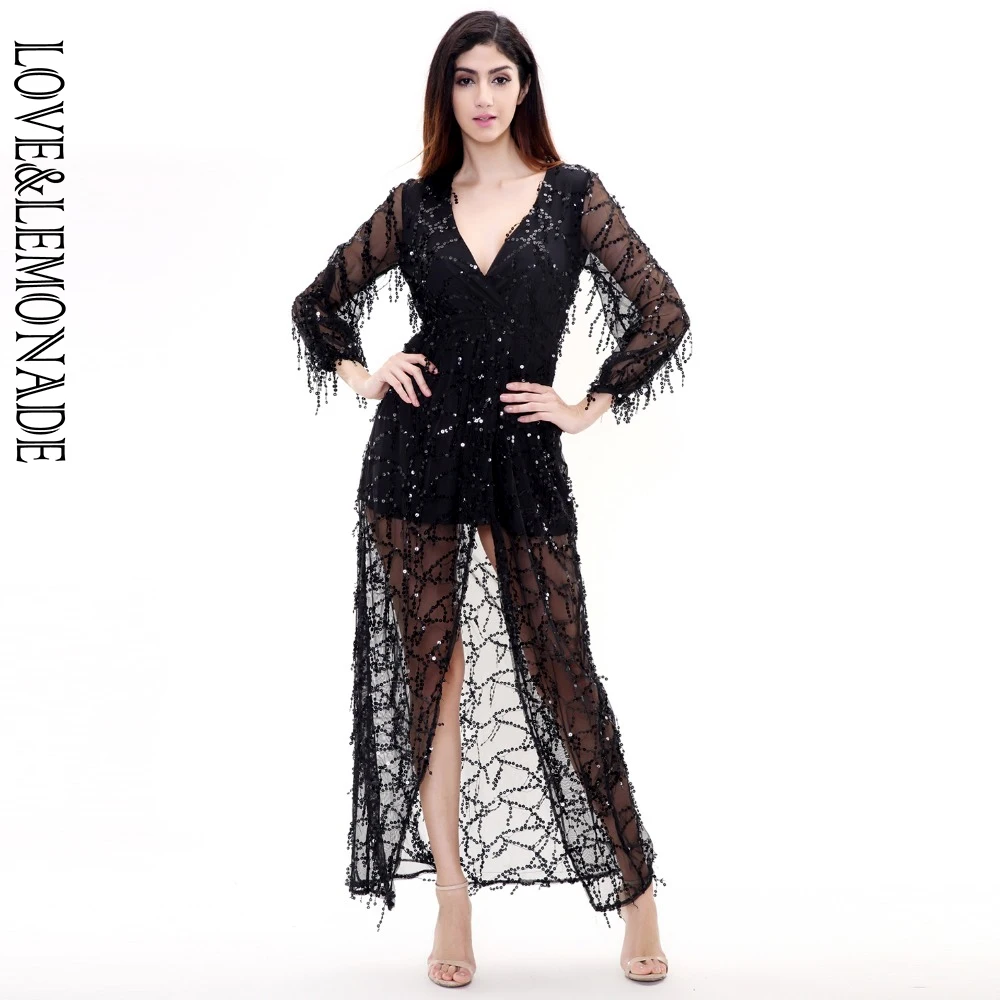 Женское длинное платье LOVE & LEMONADE черное с V образным вырезом модель LM6203|maxi dress|dress