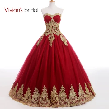 

Vivian's Bridal Sweetheart Burgundy Bll Gown Evening Dress Long Prom Dresses Golden Lace Appliques Muslim Evening Gown