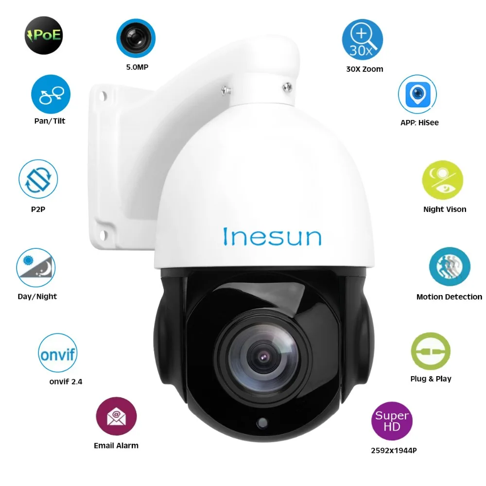 Inesun 5MP PoE PTZ IP камера Супер HD 2592x1944 наружная сеть Onvif скорость купольная камера 30X зум 80 м ИК Ночное Видение-2 Упаковка