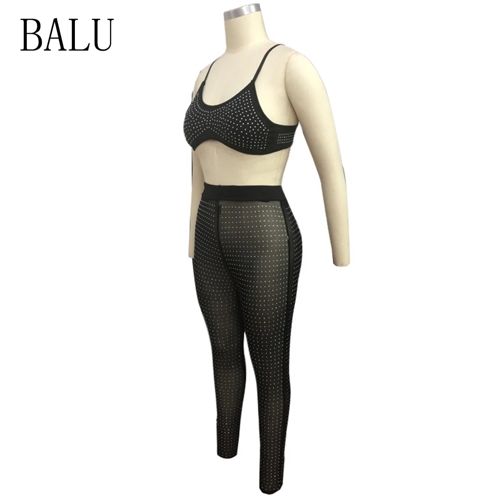 BALU 2 Piece Set Spaghetti Strap Mesh Rompers Womens Jumpsuit Sexy Rhinestone See Trough Sleeveless Backless Overalls
