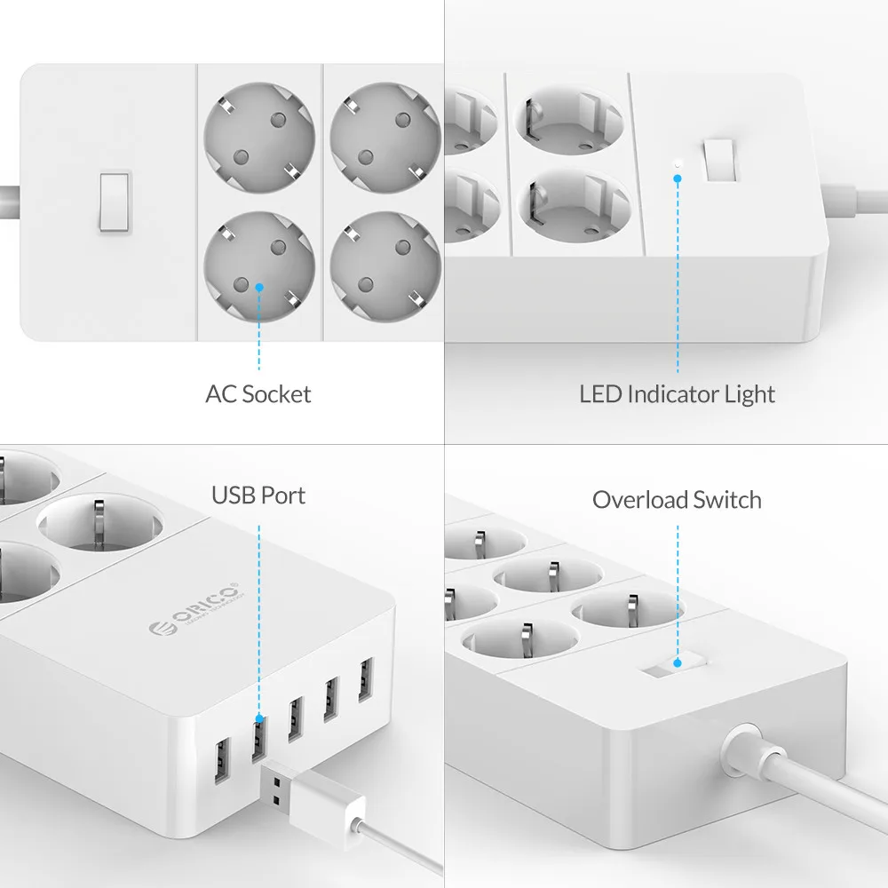 ORICO power Strip EU US UK Plug 6 Outlet сетевой фильтр EU power Strip с 5x2. 4A USB Супер зарядными портами-белый(HPC-V1