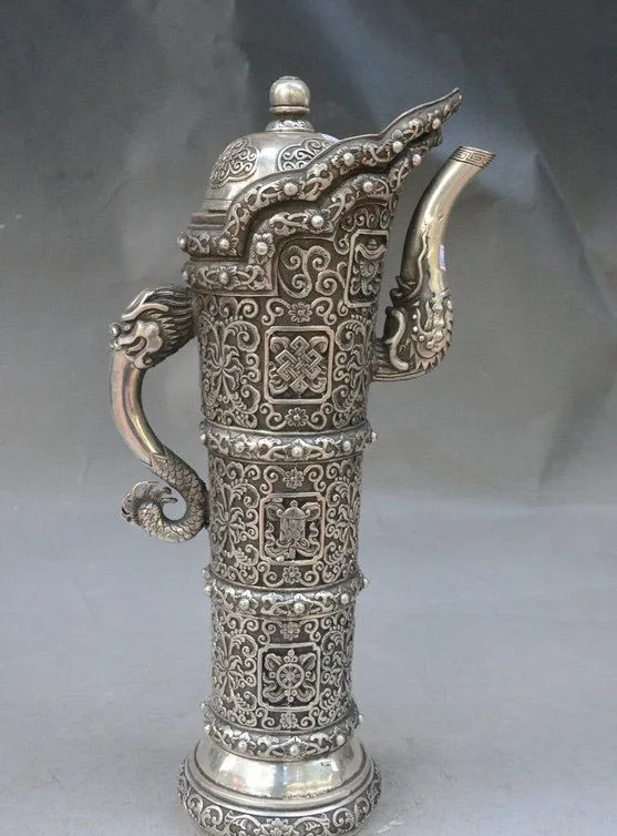 

15" China Dynasty Palace Silver Dragon Head Wine Tea Pot Flagon Cann Cup Statue