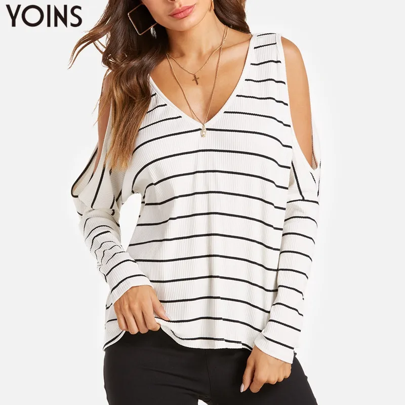 

Women Stripe Cold Shoulder Blouse Shirts 2019 Autumn Casual Loose Long Batwing Sleeves Sexy V-Neck Elegant Pullover Blusas Tops