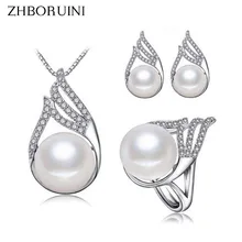 Мода zhboruini жемчужный ювелирный набор кольцо с натуральным пресноводным жемчугом ожерелье серьги Циркон 925 пробы серебряные ювелирные изделия для женщин