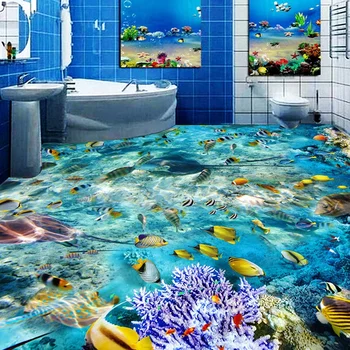 

Free shipping 3D Custom Wall StickerUndersea World Fish Coral Flooring Painting Photo Wallpaper for Walls 3d