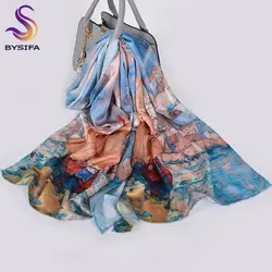 [BYSIFA] шарф из чистого шелка модная масляная живопись женские длинные шарфы шали роскошный бренд синий хаки шейный шарф Hijab175 * 52 см