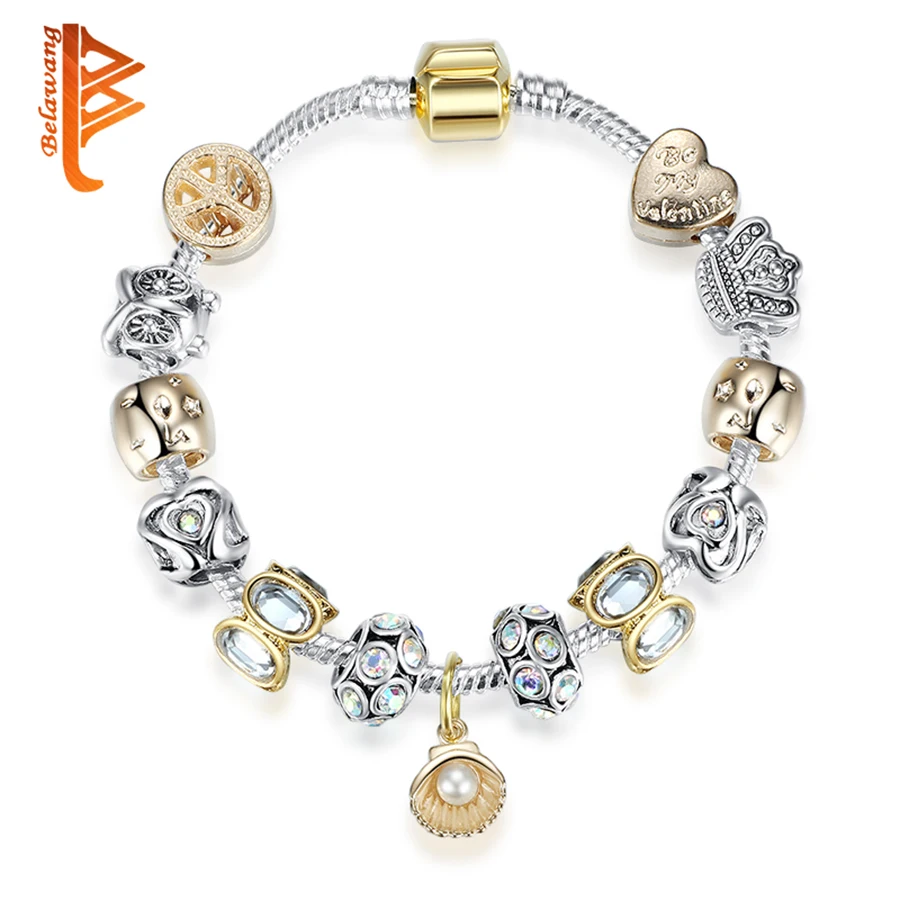 

BELAWANG Top Quality Simulated Pearl Charm Bracelets for Women Wedding Jewelry Gold Color Snake Chain Bracelet Crystal Jewelry