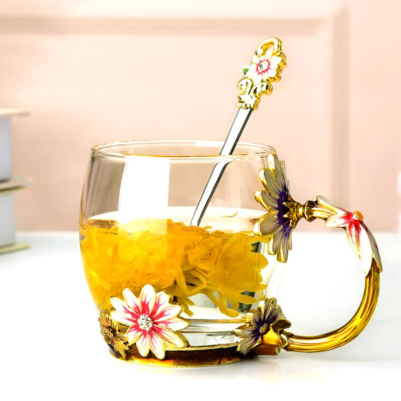 Single Layer Daisy Glass Cup Flower Tea Juice Milk Coffee Glass Cup for Home Restaurant in Cold and Hot Drink