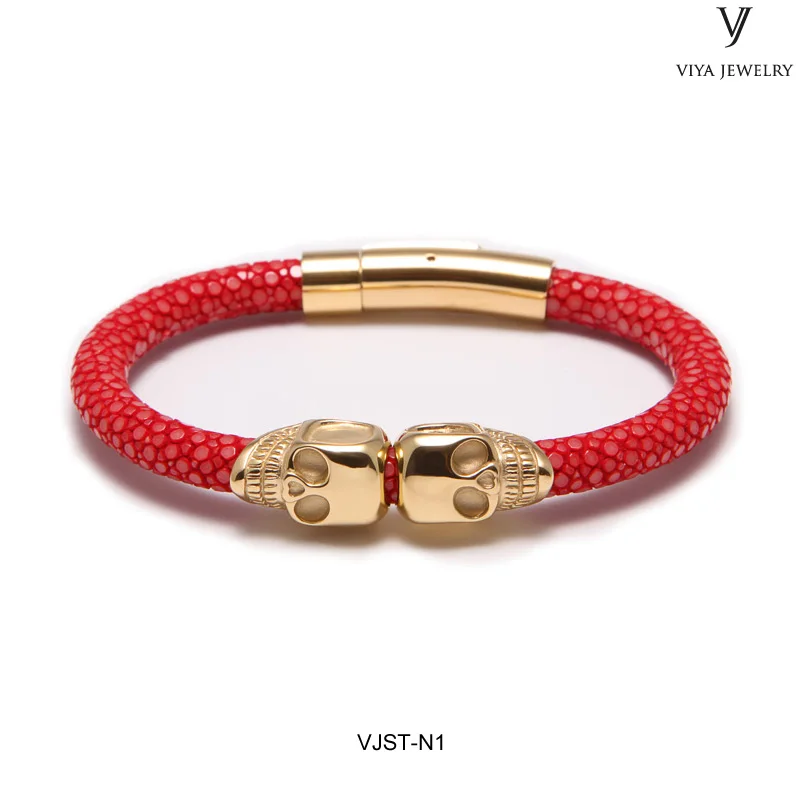 VJST-N1 (1) Genuine stingray with doublr skull bracelet