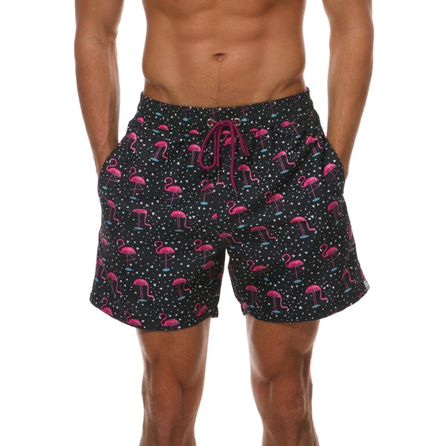 Cheap Quick Dry Men's Swimming Shorts Flamingo Print Fishes Swim Trunks With Mesh Lining Beach Wear Surf Board Trunks Boxer Swimsuit