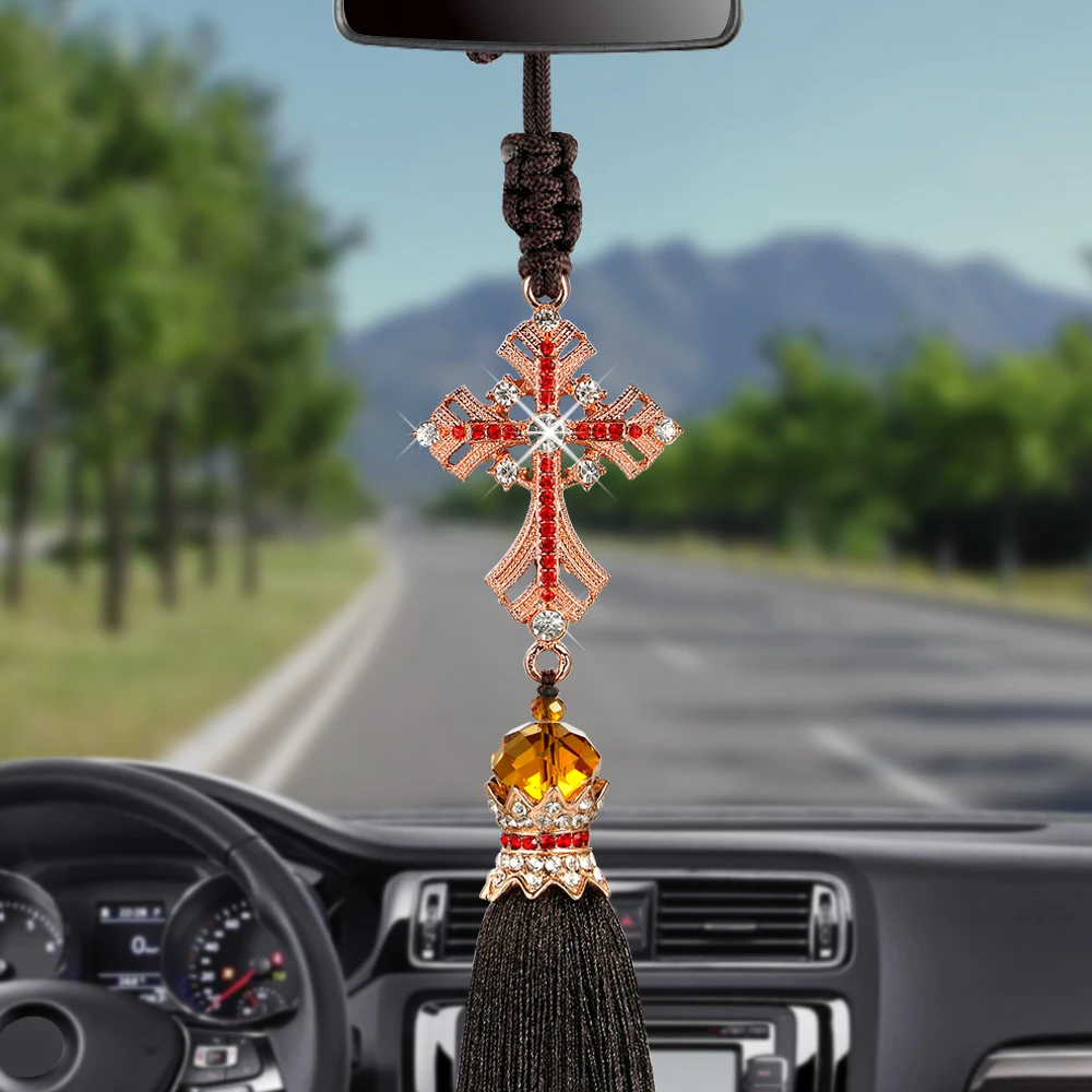 Автомобильный кулон с кристаллами и бриллиантами, украшение в виде Креста Иисуса, распятие для автомобильного зеркала заднего вида, христианский декор, подвесные аксессуары